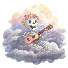 Whimsical Watercolor Illustration of a Friendly Skeleton Playing Music Surrounded by Clouds and Flowers