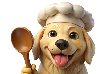 Happy cartoon golden retriever dog wearing chef hat holding wooden spoon isolated on transparent background