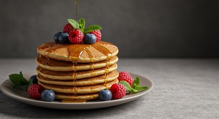 幸せな朝食 ふわふわパンケーキ ベリー添え メープルシロップ