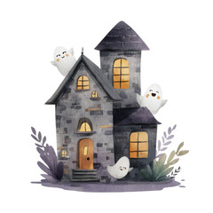 Playful Haunted House with Smiling Windows and Friendly Ghosts in a Charming Watercolor Style