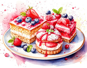 Watercolor. Illustration. Juicy food. Set of desserts on a plate. Delicate pink colors. Cupcakes. Meringue. White background. For design.