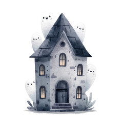 Spooky Haunted House with Ghosts and Smiling Windows in a Whimsical Illustration