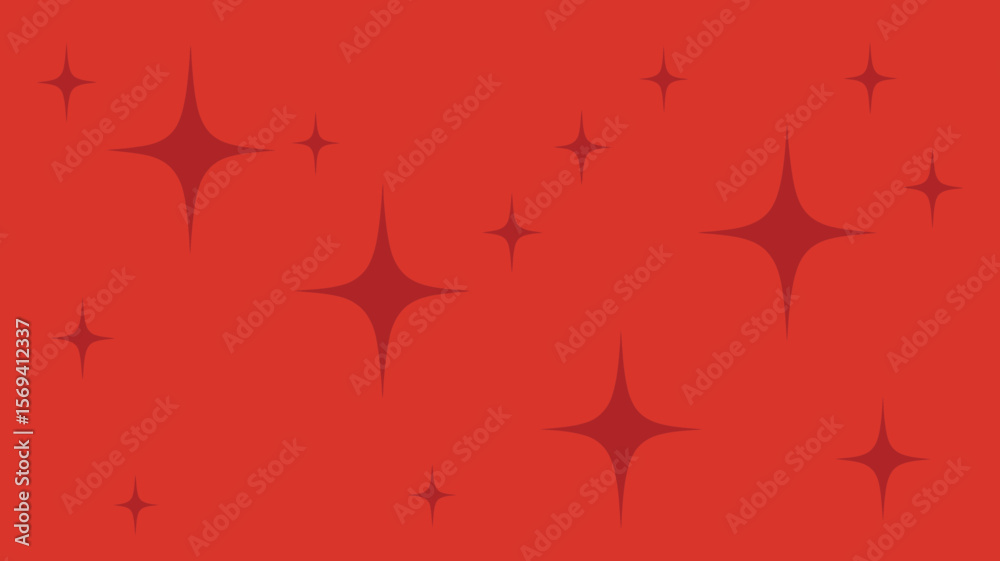 Poster a red background with multiple four pointed stars scattered across the surface in a simple pattern d