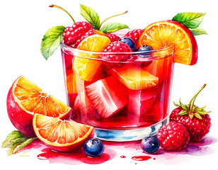 Watercolor. Illustration. Juicy food. Jelly in a glass with pieces of fruit. White background. For design.