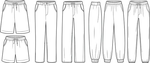 Men’s shorts and pants technical flat sketch, jogger pants, track pants, athletic shorts, vector template, fashion design illustration flat vector illustration