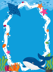 Children's cartoon frame with sea inhabitants, waves, whale, starfish and manta ray