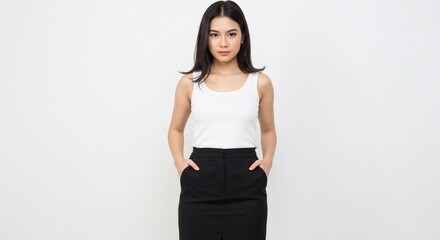 清楚な女性 白いタンクトップ 黒スカート 凛とした表情