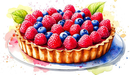 Watercolor. Illustration. Juicy food. Berry pie on a plate. White background. Pattern For design.