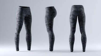 black camouflage leggings mockup front, side, back views on grey background