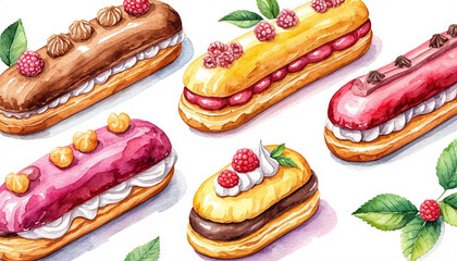 Watercolor. Illustration. Juicy food. Eclair with cream and berries. White background. Pattern For design.