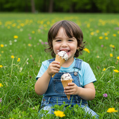Happy Child Eating Ice Cream Cones in a Field of Flowers Summer Fun Kid Dessert Outdoors