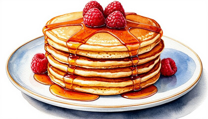 Watercolor. Illustration. Juicy food. Pancakes with syrup and berries on a plate. White background. Pattern For design.