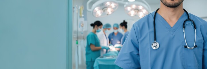 A close-up of a male doctor with a stethoscope against a medical team performing surgery in an operating room. Concept of human medical health. Banner with copy space area.