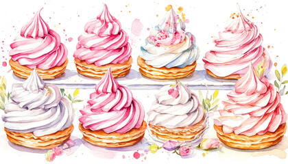 Watercolor. Illustration. Juicy food. Set of desserts on a plate. Delicate pink colors. Cupcakes. Meringue. White background. For design.