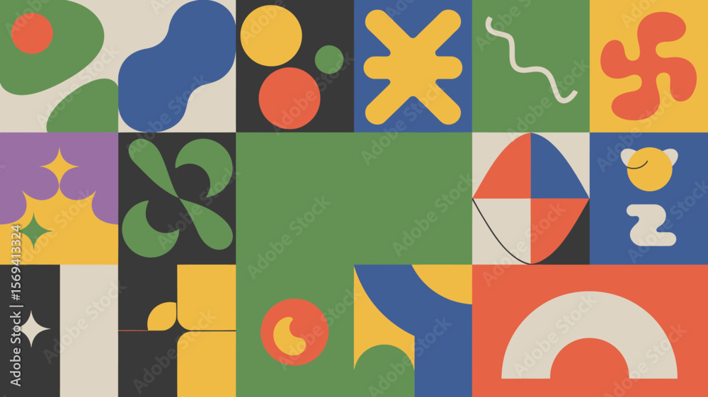Poster geometric shapes and colorful patterns arranged in a square grid abstract composition style design