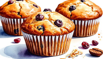 Watercolor. Illustration. Juicy food. Set of cupcakes on a plate. White background. For design.