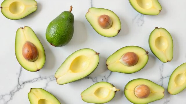 Fresh avocados cut in half on marble countertop background  