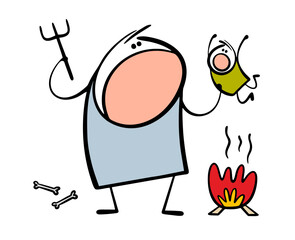Cartoon fabulous story about a huge ogre. Vector illustration of a scary monster holding a child and getting ready for dinner. A man eats people.