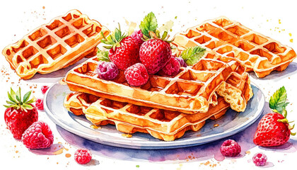 Watercolor. Illustration. Juicy food. Waffles with strawberries on a plate. White background. For design.