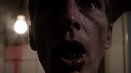 teeth creepy - A shadowy figure stands in a dimly lit room, with a flickering bulb overhead, creating an eerie atmosphere, hinting at a tense moment in a suspenseful narrative