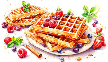 Watercolor. Illustration. Juicy food. Waffles with berries on a plate. White background. For design.