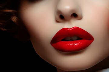 Fototapeta premium Perfect red glossy lips and makeup of a beautiful woman, showcasing beauty and cosmetics