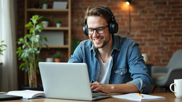 Smiling young Caucasian man in headphones glasses sit at desk work on laptop making notes. Happy millennial male in earphones watch webinar or training course or computer, study on.