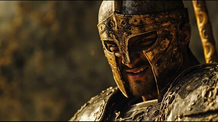 Ancient Warrior: A grizzled warrior in intricately detailed bronze helmet and armor, his intense gaze and battle-hardened expression conveying the strength and resolve of a seasoned combatant. - Powered by Adobe