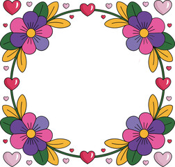 Purple and yellow flower frame, round floral border, hand drawn botanical wreath, cheerful invitation, decorative vector illustration