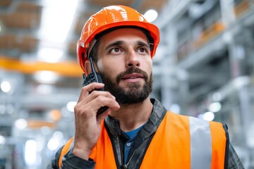 a man wearing an orange hard hat. a man wearing a hard hat. a man is talking on a cell phone