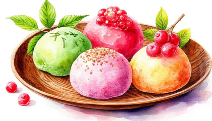 Watercolor. Illustration. Juicy food. Japanese dessert. Mochi in different colors on a festive plate. On a white background. For design.
