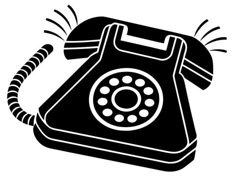 Vector  illustration of a black rotary phone with a coiled cord and ringing signals emanating from the top side