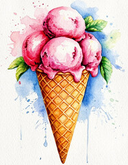 Watercolor. Illustration. Juicy food. Multicolored ice cream in a waffle cone on a white background. For design.