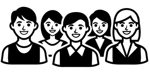 Vector  a group of five people standing together smiling in black and white vector illustration style image