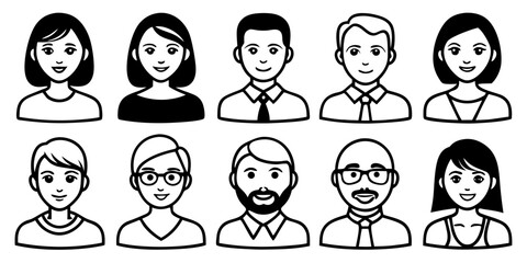 Vector  illustration of a diverse group of ten stylized people avatars with various hairstyles and clothing styles