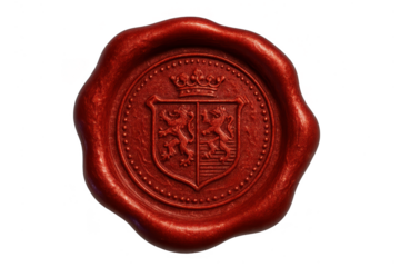 Detailed red wax seal with lions and a crown isolated on transparent background