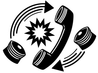Vector  illustration of a black telephone handset with arrows and a starburst on a white background design