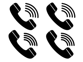 Vector  four black telephone handsets with sound waves arranged in a grid pattern on a white background image