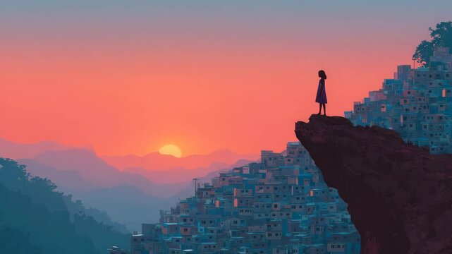 child standing on a cliff overlooking favela landscape at sunset animation