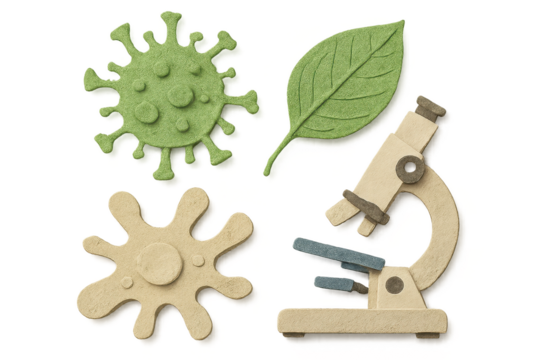Science elements, including a virus, leaf, amoeba and microscope on transparent.