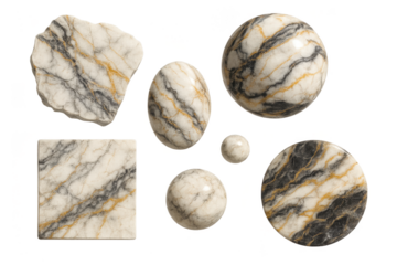 Variety of marble shapes isolated on a transparent background, abstract style