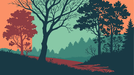 Vector  stylized landscape illustration depicting trees and forest with muted color palette and path view