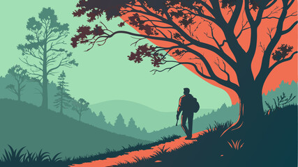 Vector  silhouette of a man with backpack walking on a path under a tree against a scenic landscape backdrop