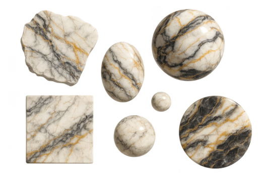 Variety of marble shapes isolated on a transparent background, abstract style