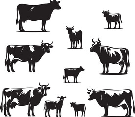 Fototapeta premium Cow Vector Silhouette Set – 10 Farm Animal Poses – Clean Minimal Vector Art