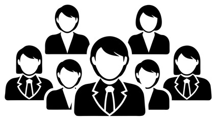 Vector  illustration of a group of seven people in business attire with ties and suit jackets in black and white
