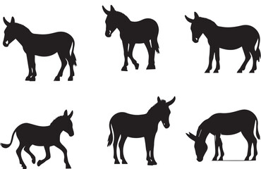 Obraz premium Donkey Vector Silhouette Set – 6 Clean Poses – Farm Animal Vector Illustration