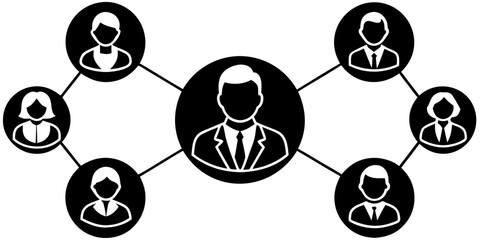 Vector  network of people connected to a central figure in black and white illustration with connecting lines