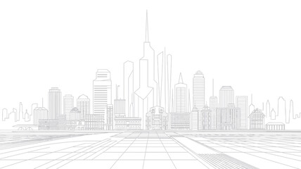 Cityscape line drawing with various buildings and a grid pattern in the foreground in a white background