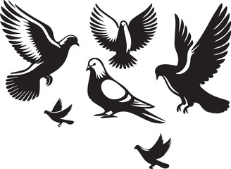 Pigeon Vector Silhouette Set &ndash; Clean Flying Bird Poses &ndash; Minimal Flat Bird Illustration